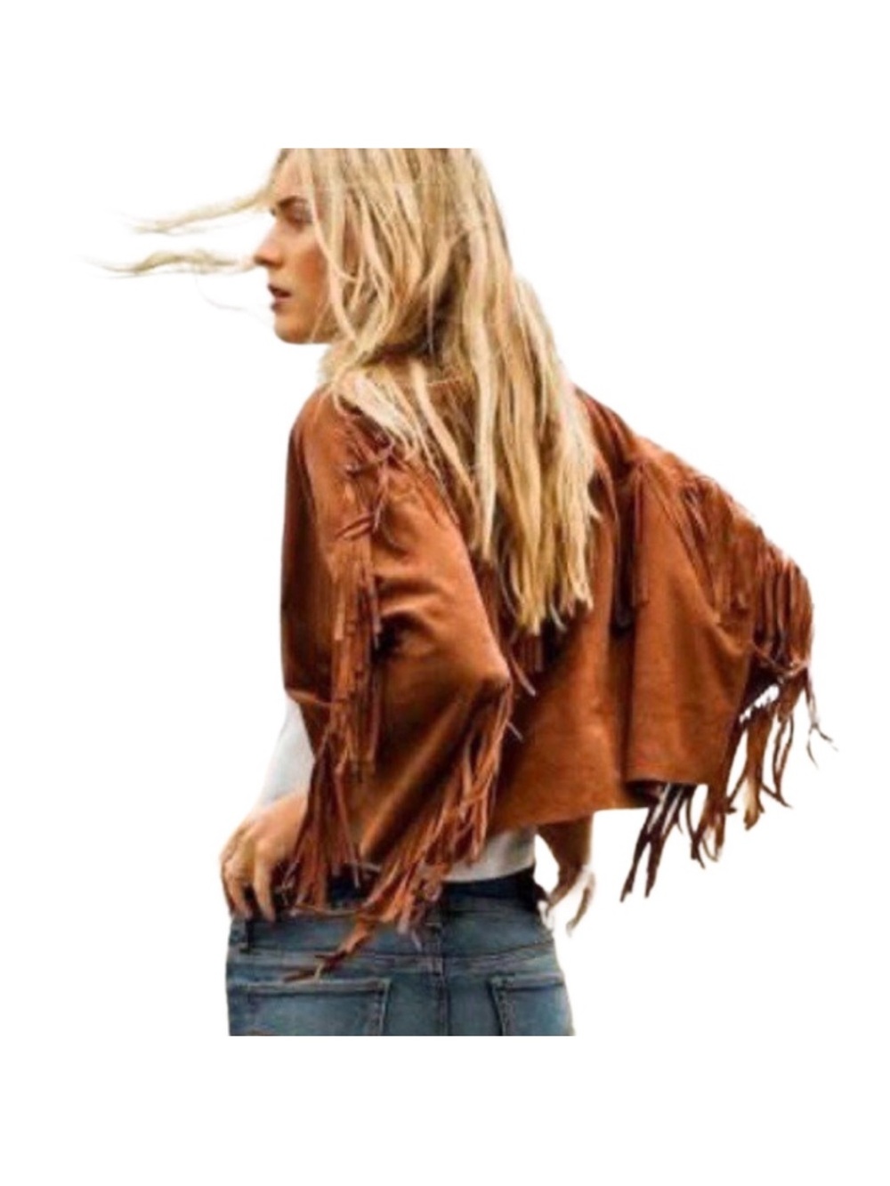 American Eagle Outfitters Genuine Suede Fringe Jacket Boho Western Brown Cropped - Picture 7 of 9